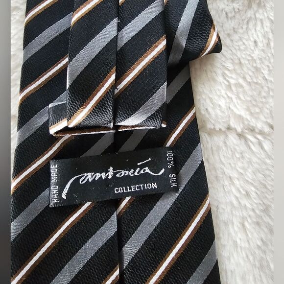 Steel Grey, Black Stripped with Brown and White Necktie 100% Silk Hand Made - Picture 2 of 3